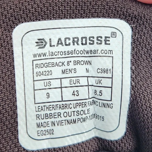 Lacrosse Mens 9 Ridgeback 8 Brown Waterproof Leather Nylon Hiking Boots 504220